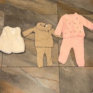 Elegant Baby 9 m bundle- gold/beige Clothing Set with Fur Vest & floral knit set